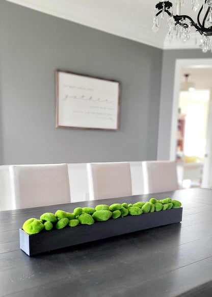 Dining Table Centerpiece Long Narrow Box Modern Faux Moss Display Elegant Table Decoration Contemporary Home Styling Realistic Green Arrangement Perfect Dinner Party Accent Minimalist Design Element Natural Looking Greenery Indoor Decor