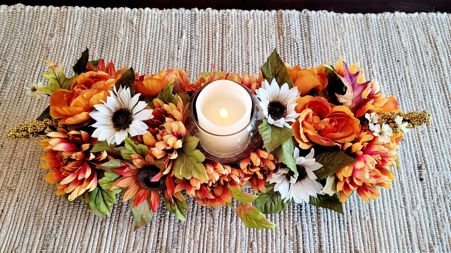 Dough Bowl Fall Flower arrangement sunflower decoration fall mum Decor Flameless candle fall arrangement fall Table Decor Gift New Home