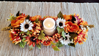 Dough Bowl Fall Flower arrangement sunflower decoration fall mum Decor Flameless candle fall arrangement fall Table Decor Gift New Home
