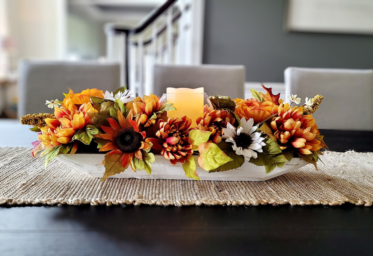 Dough Bowl Fall Flower arrangement sunflower decoration fall mum Decor Flameless candle fall arrangement fall Table Decor Gift New Home