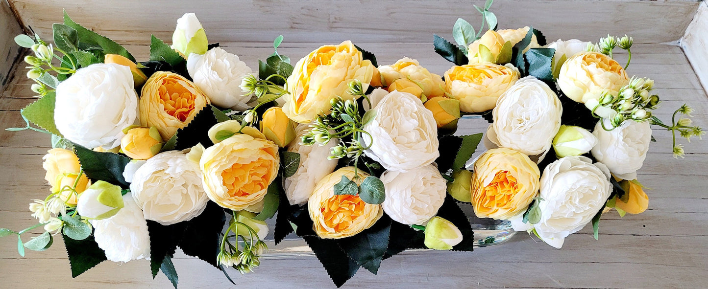 Modern glass vase floral arrangement dining table peony arrangement yellow flower arrangement long glass elegant arrangement gift for her
