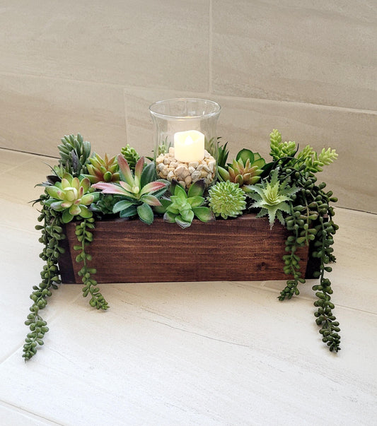 Succulent arrangement wood box succulent decoration client gift new home bathroom decor spa decor faux succulent candle centerpiece candle