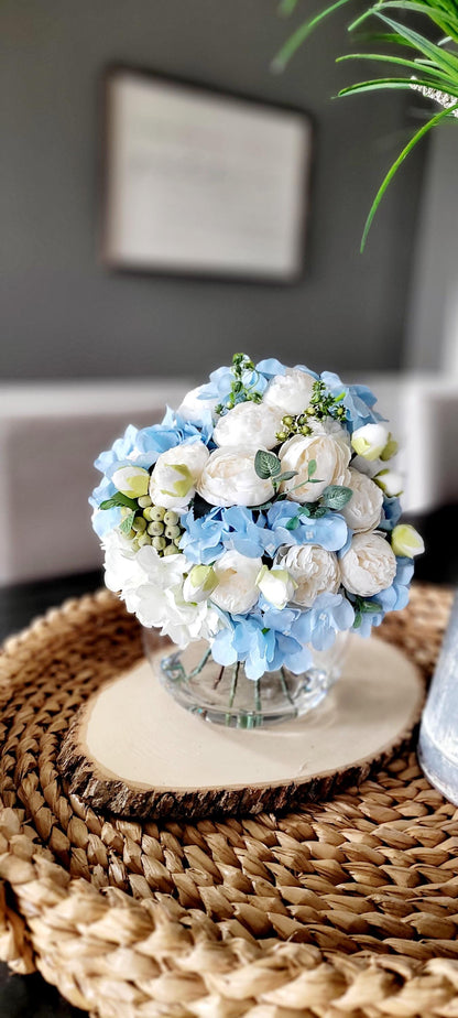 Silk Flower Centerpiece – Blue White Hydrangea Peony Glass Vase