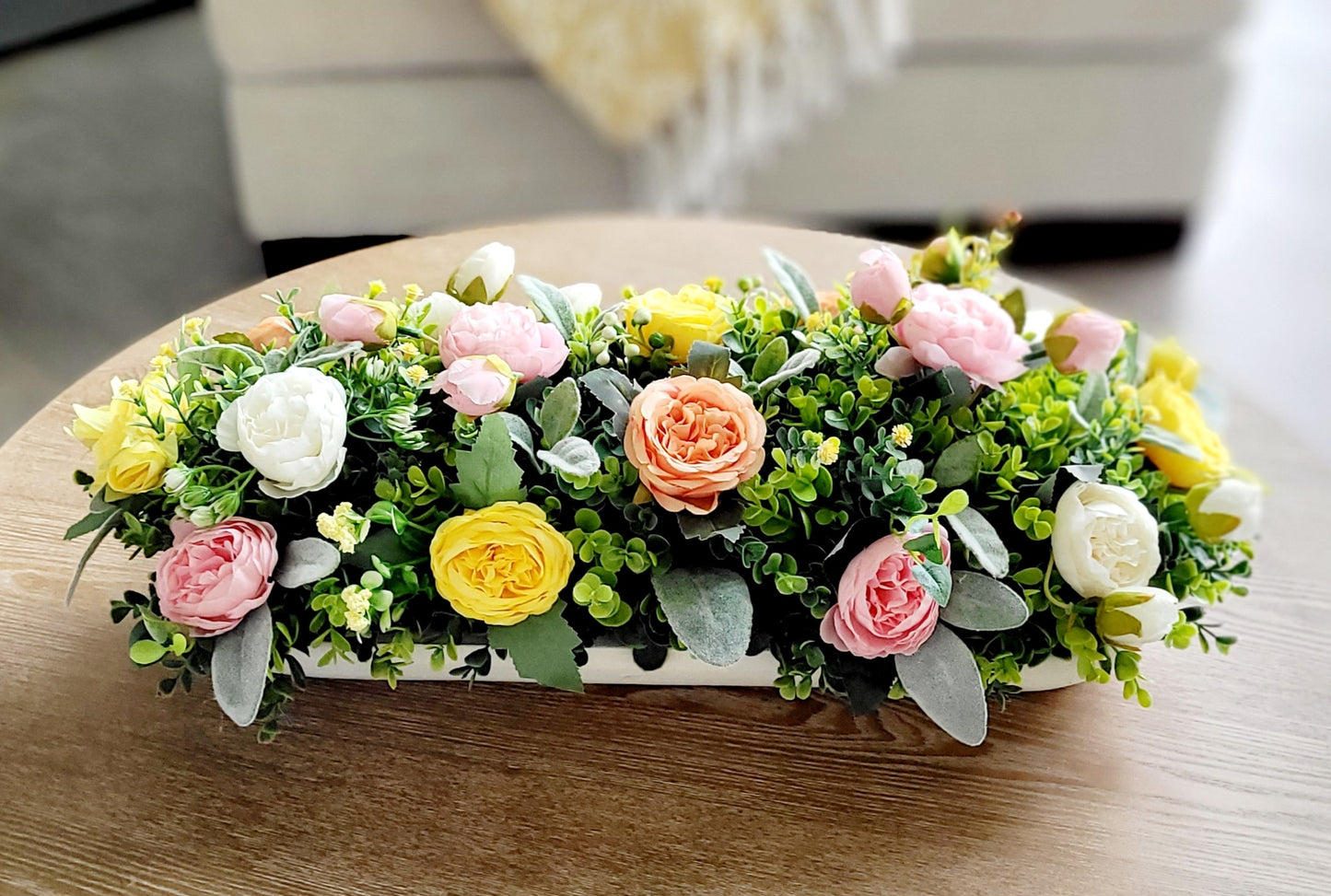 Peach Flower Centerpiece – Silk Arrangement in Rustic Dough Bowl