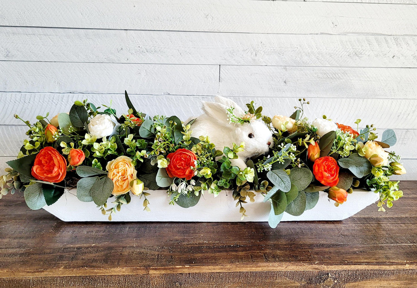 Easter Table Centerpiece – Silk Flower Bunny Arrangement in 27" Wooden Box