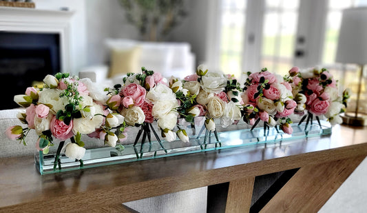 Silk Flower Centerpiece – Real Touch Roses & Peonies in Rectangular Glass Vase
