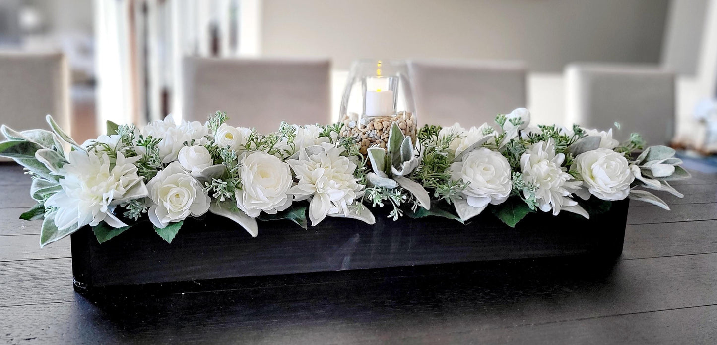 Farmhouse style long 25” Spring table arrangement in wood planter box candle centerpiece in wood box mantle centerpiece wood planter box