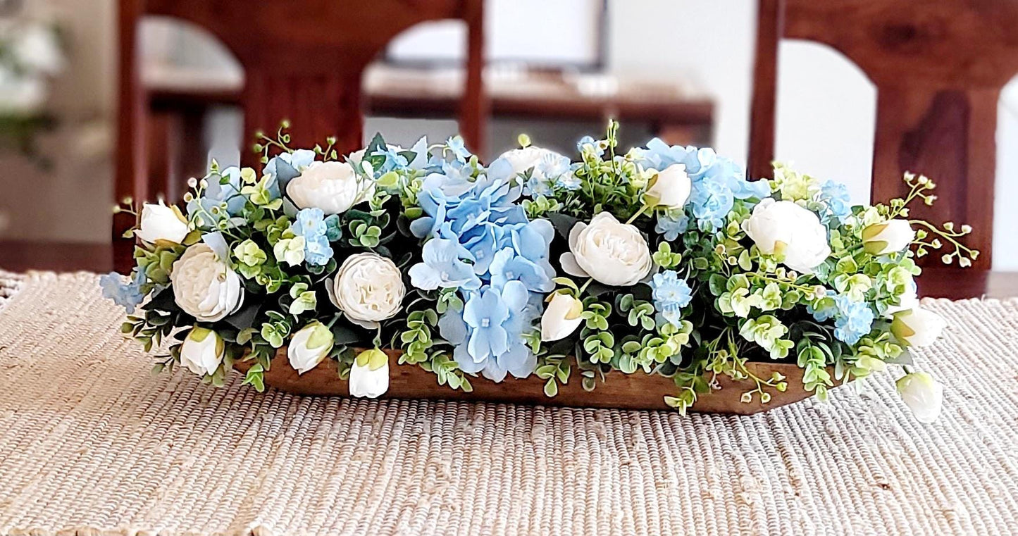 Blue Flower Centerpiece Silk Hydrangea Arrangement Rustic Dough Bowl Artificial Peony Rose White Floral Display Kitchen Table Dining Room Farmhouse Style Home Decoration Wedding Centerpiece Faux Greenery Botanical Elements Country Cottage