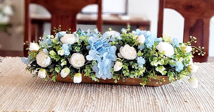 Blue Flower Centerpiece Silk Hydrangea Arrangement Rustic Dough Bowl Artificial Peony Rose White Floral Display Kitchen Table Dining Room Farmhouse Style Home Decoration Wedding Centerpiece Faux Greenery Botanical Elements Country Cottage
