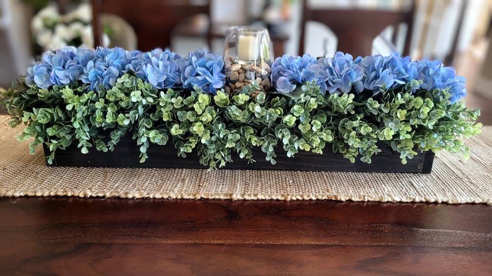 Farmhouse Table Centerpiece – Handcrafted Wood Box with Blue Hydrangea Arrangement