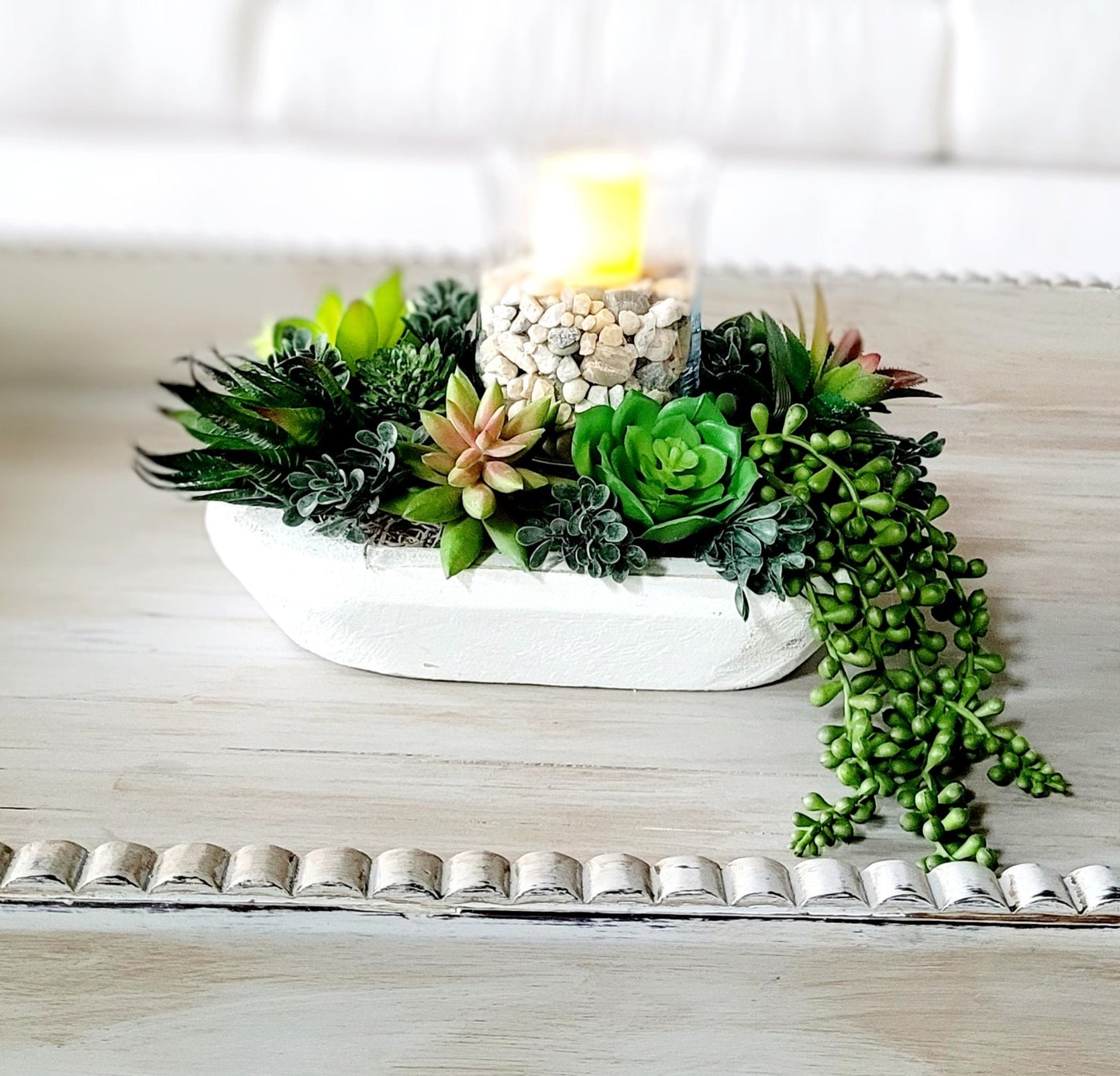 Faux Succulent Arrangement – Modern Wood Bowl Centerpiece Gift