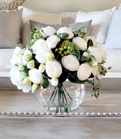 Spring Flower Arrangement Peony Silk Flower Glass Vase French Country Floral Centerpiece Modern Table Decor Gift her Wedding Floral Decor