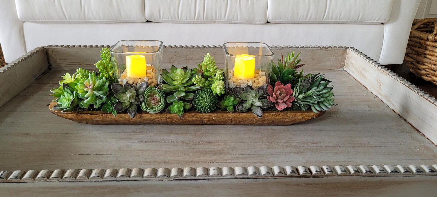 Artificial Succulent Centerpiece – Rustic Dough Bowl Purple Cactus Dining Table Display
