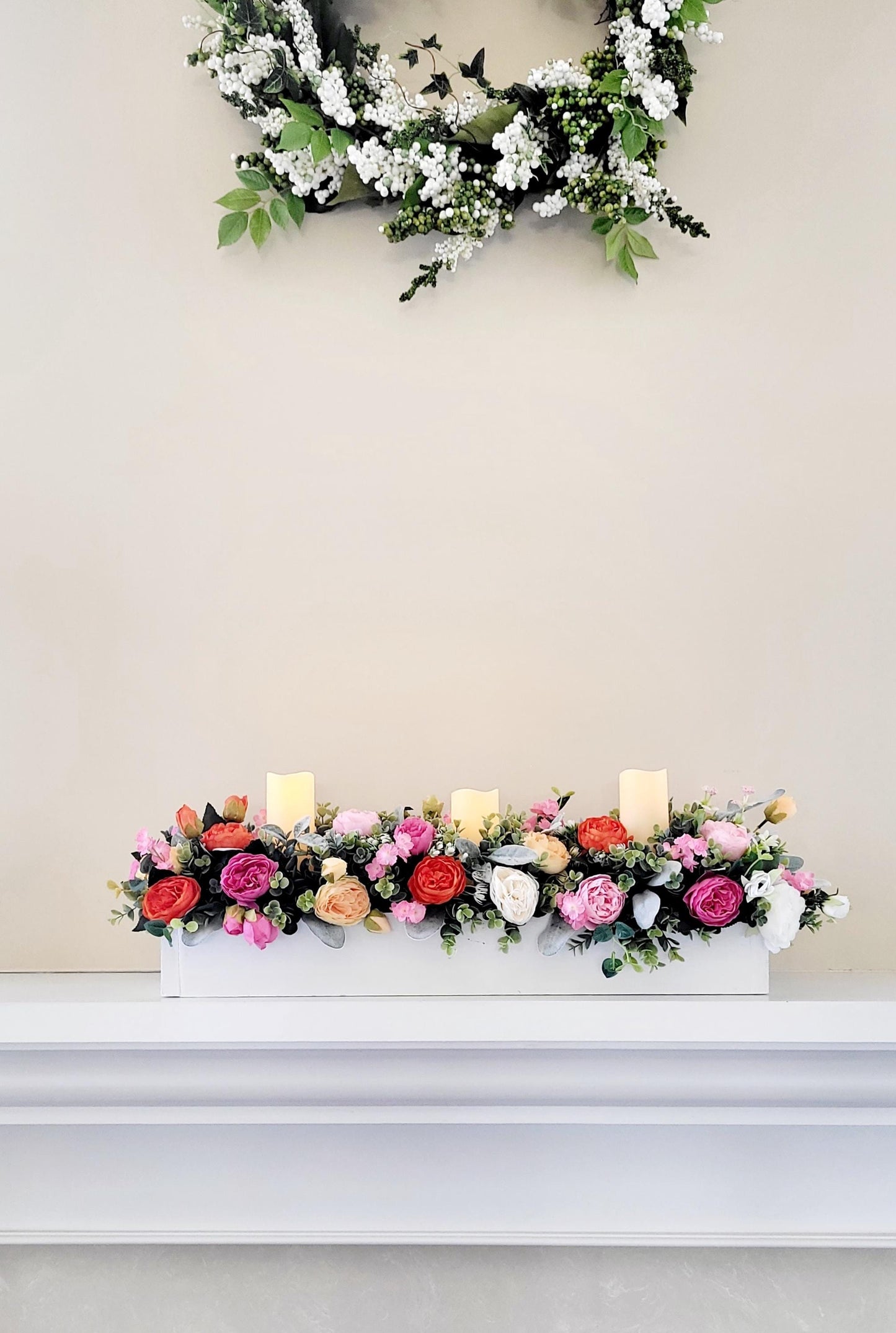 Spring Table Centerpiece – Artificial Peony Arrangement with Battery Candles in Wood Box