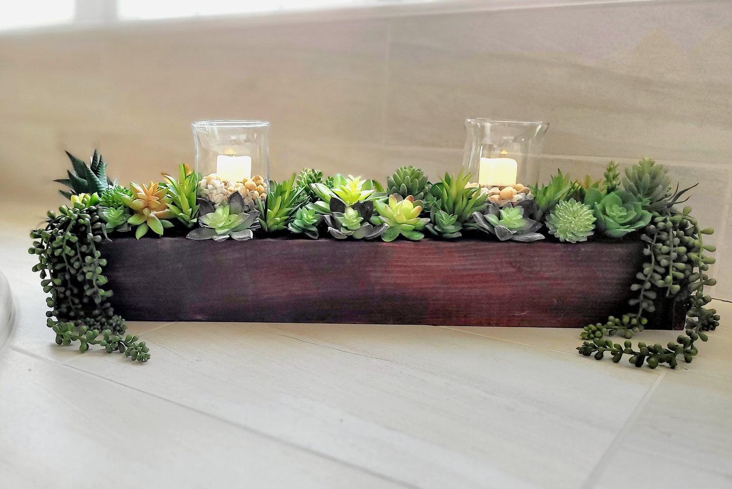 Farmhouse style long 25” Spring table arrangement in wood planter box Spring succulents in wood box mantle box Succulents arrangement