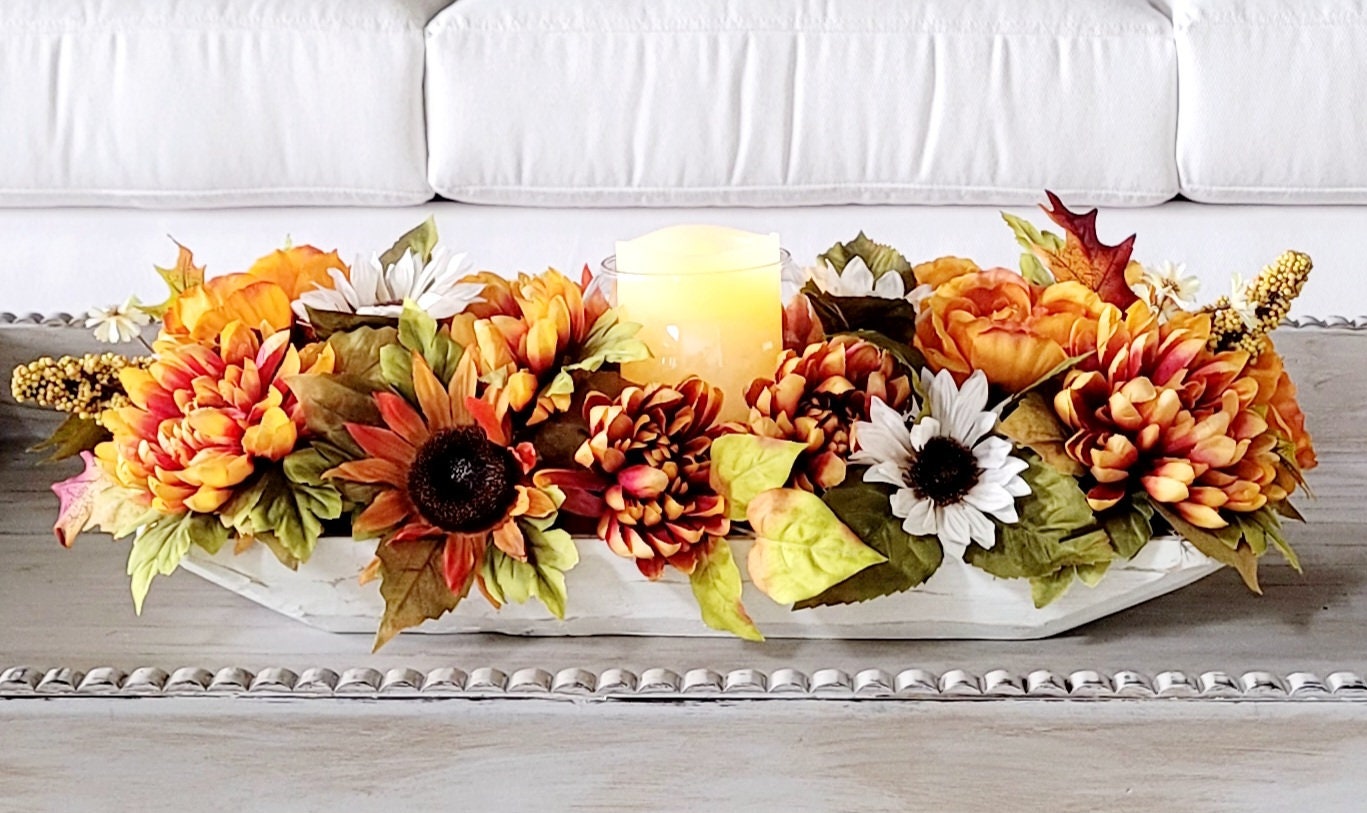 Dough Bowl Fall Flower arrangement sunflower decoration fall mum Decor Flameless candle fall arrangement fall Table Decor Gift New Home
