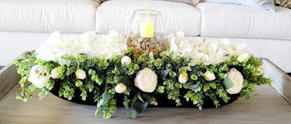 Dough Bowl Centerpiece – Handcrafted Farmhouse Floral Arrangement with Faux Hydrangeas