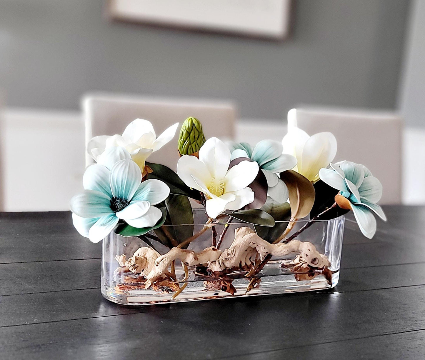 Elegant Dining Centerpiece Blue Magnolia Collection Glass Vase Arrangement Faux Flower Display Modern Table Decoration Realistic Artificial Blooms Permanent Floral Design Home Decor Accent Premium Quality Construction Contemporary Style