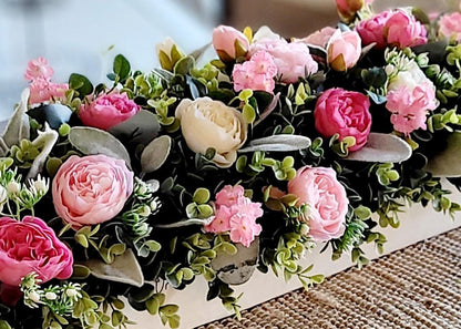 pink white decor pink wedding floral arrangement peony dough bowl dining room table arrangement Pink flower decorations spring decor mantle