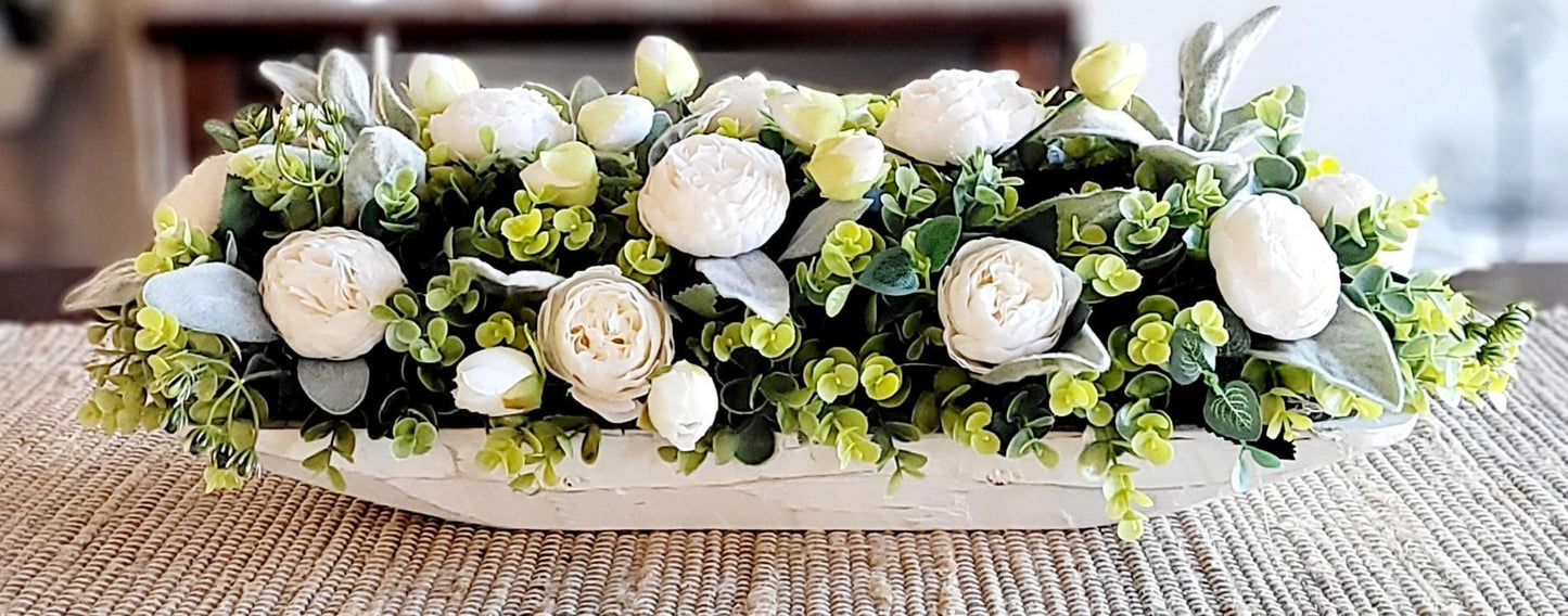 Farmhouse Table Arrangement White Flower Centerpiece Artificial Floral Display Dough Bowl Container Faux Peonies Roses Design Shabby Chic Style Home Accent Piece Dining Room Decor Elegant Neutral Color Palette Living Room Decoration