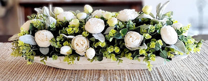 Farmhouse Table Arrangement White Flower Centerpiece Artificial Floral Display Dough Bowl Container Faux Peonies Roses Design Shabby Chic Style Home Accent Piece Dining Room Decor Elegant Neutral Color Palette Living Room Decoration