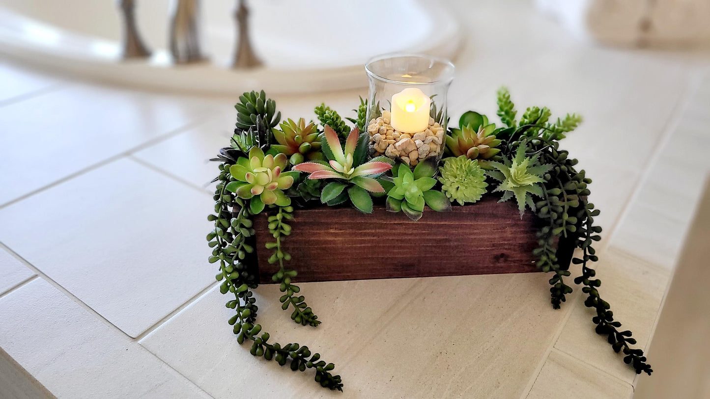 Succulent arrangement wood box succulent decoration client gift new home bathroom decor spa decor faux succulent candle centerpiece candle
