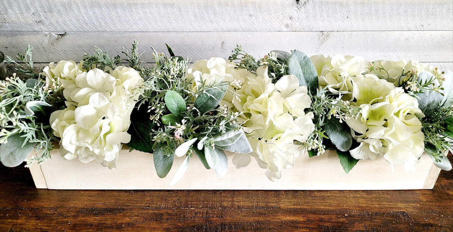 Elegant Floral Display Hydrangea Centerpiece Box Wooden Farmhouse Container Long Table Arrangement White Cream Blooms Mint Green Accents Natural Looking Flowers Neutral Home Decor Rustic Design Elements Country Style Decoration Handmade