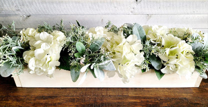 Elegant Floral Display Hydrangea Centerpiece Box Wooden Farmhouse Container Long Table Arrangement White Cream Blooms Mint Green Accents Natural Looking Flowers Neutral Home Decor Rustic Design Elements Country Style Decoration Handmade
