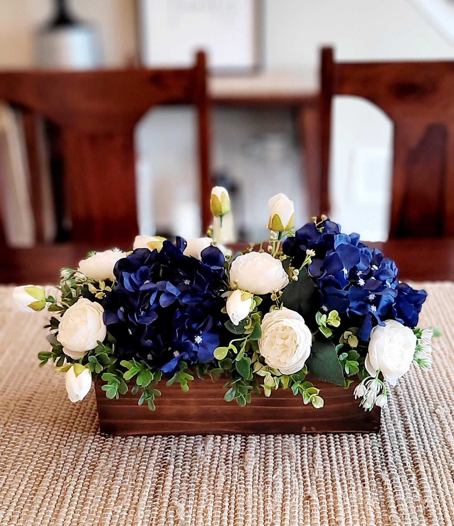 Blue flower arrangement navy blue flower centerpiece wood flower decoration dried flower arrangement peony floral arrangement dining table