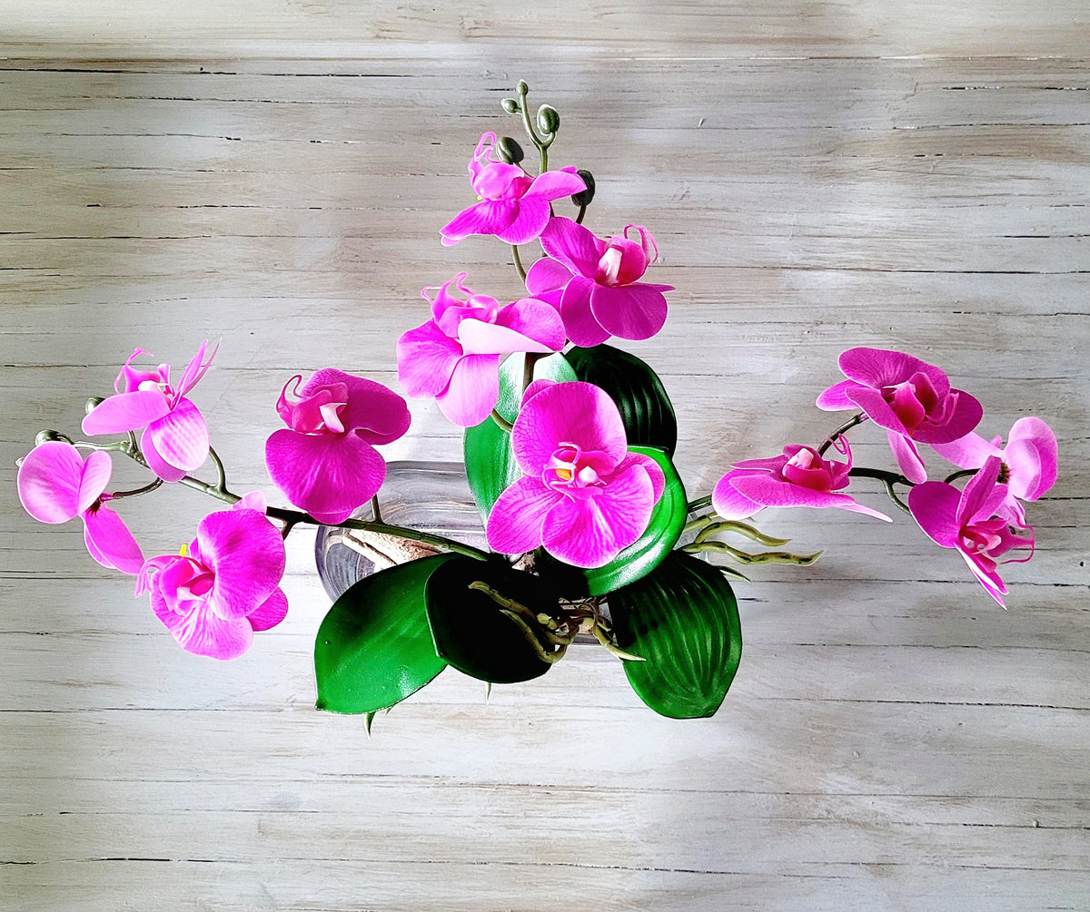 Hot Pink Orchid Arrangement Artificial Silk Centerpiece Modern Glass Vase Display Luxury Dining Table Styling Realistic Faux Water Driftwood Design Elegant French Country Home Touch Maintenance Free Permanent Floral Collection Contemporary