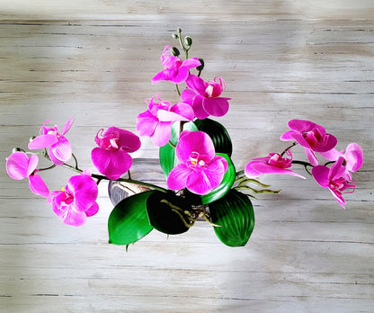 Hot Pink Orchid Arrangement Artificial Silk Centerpiece Modern Glass Vase Display Luxury Dining Table Styling Realistic Faux Water Driftwood Design Elegant French Country Home Touch Maintenance Free Permanent Floral Collection Contemporary