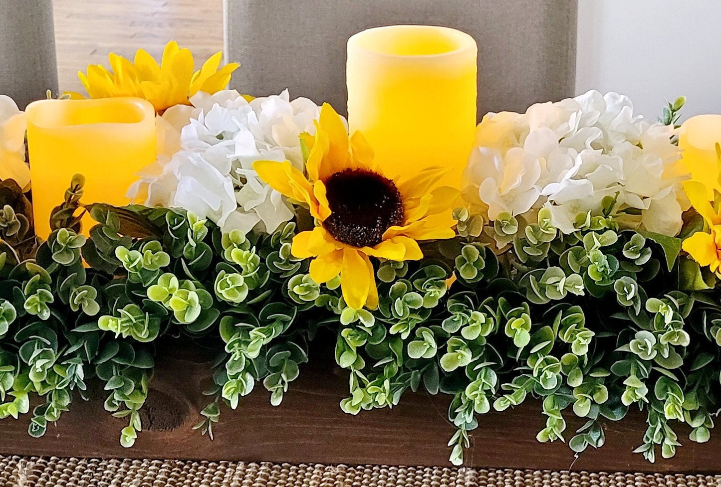 Sunflower Fall Table Arrangement Fall Sunflower Faux White Hydrangea Arrangement Dining Fall Decor Flame-less Candle Fall Table Decor Fall