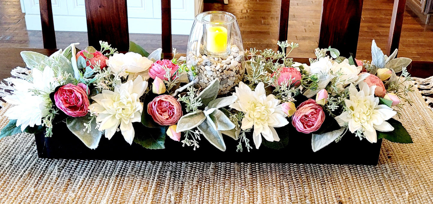 Farmhouse style long 25” Spring table arrangement in wood planter box candle centerpiece in wood box mantle centerpiece wood planter box