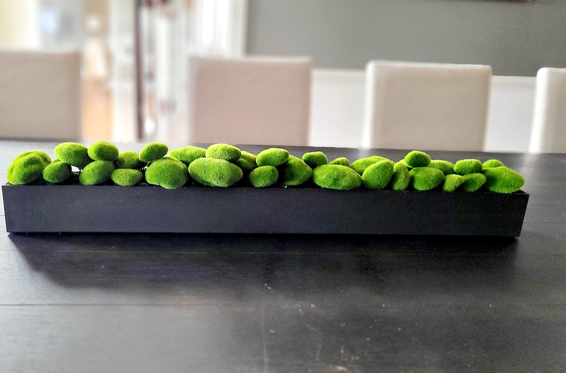 Long Narrow Centerpiece Modern Dining Table Decoration Faux Moss Arrangement Contemporary Home Accent Realistic Green Elements Natural Looking Display Piece Stylish Table Setting Enhancer Perfect Mantle Decor Option Minimalist Design