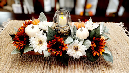 Fall Dining Room Arrangement Fall Fake Flower Sunflower Centerpiece Orange Sunflower Dough Bowl Arrangement Fall Candle Holder Centerpiece