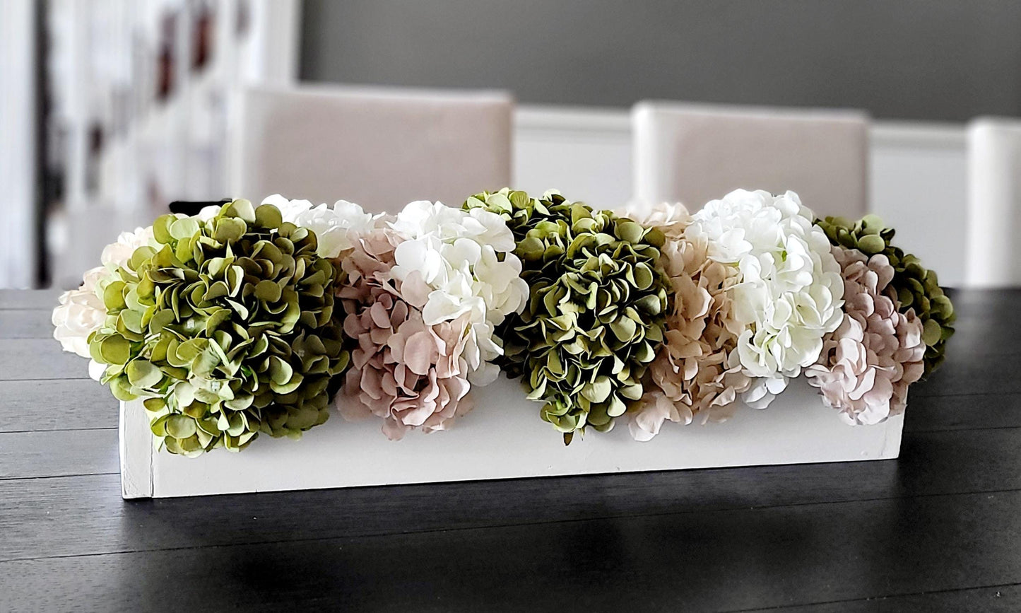 Dining table arrangement hydrangea floral centerpiece coffee table decor sage green flower decor wedding arrangement bridal flower wood box