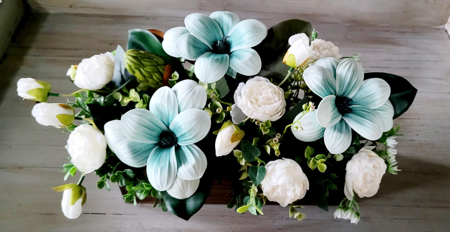 Elegant Home Gift Rustic Wood Centerpiece Dining Table Arrangement Magnolia Peony Flowers Silk Floral Design Custom Built Container Farmhouse Style Decor Artificial Greenery Accent Teal Color Details Sophisticated Table Styling Perfect