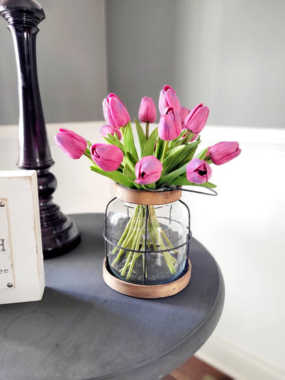 Farmhouse Lantern Centerpiece Tulip Floral Arrangement Spring Table Decoration Easter Dining Display Silk Faux Flowers Artificial Greenery Glass Vase Realistic Tulip Blooms Seasonal Colors Table Accent Holiday Celebration Decor Fresh