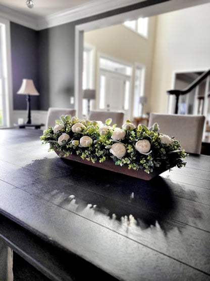 Wooden Box Centerpiece Faux Flower Arrangement Silk Peony Display Rustic Farmhouse Design Table Decor Accent Custom Stained Planter Long Format Centerpiece Artificial Greenery Arrangement Spring Home Decoration Dining Table Styling Kitchen