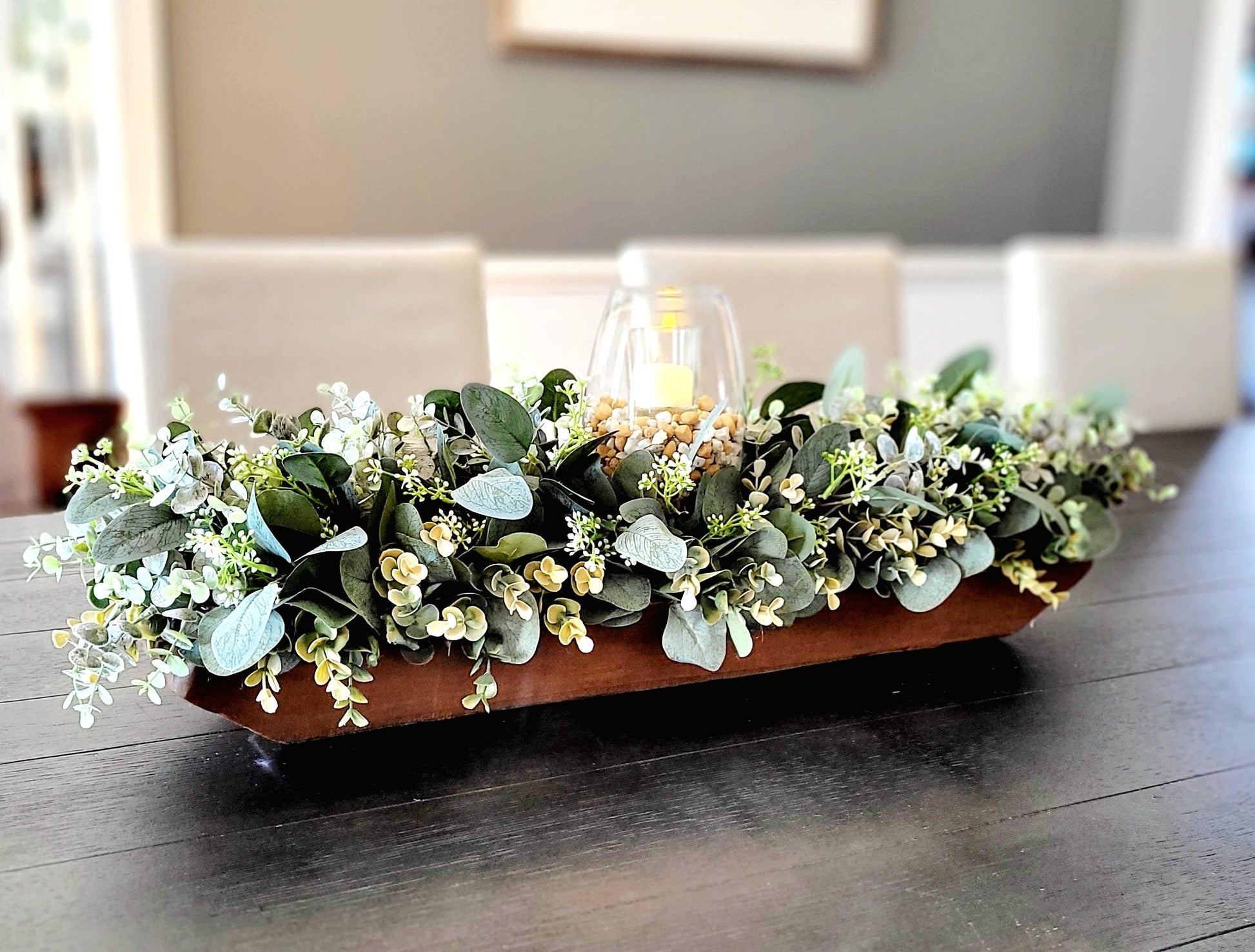 Farmhouse Dough Bowl Arrangement Rustic Dining Table Centerpiece Faux Eucalyptus Greenery Display Wooden Bowl Design Artificial Plant Arrangement Home Decor Accent Glass Hurricane Candle Holder Natural Looking Decoration Country Style Table