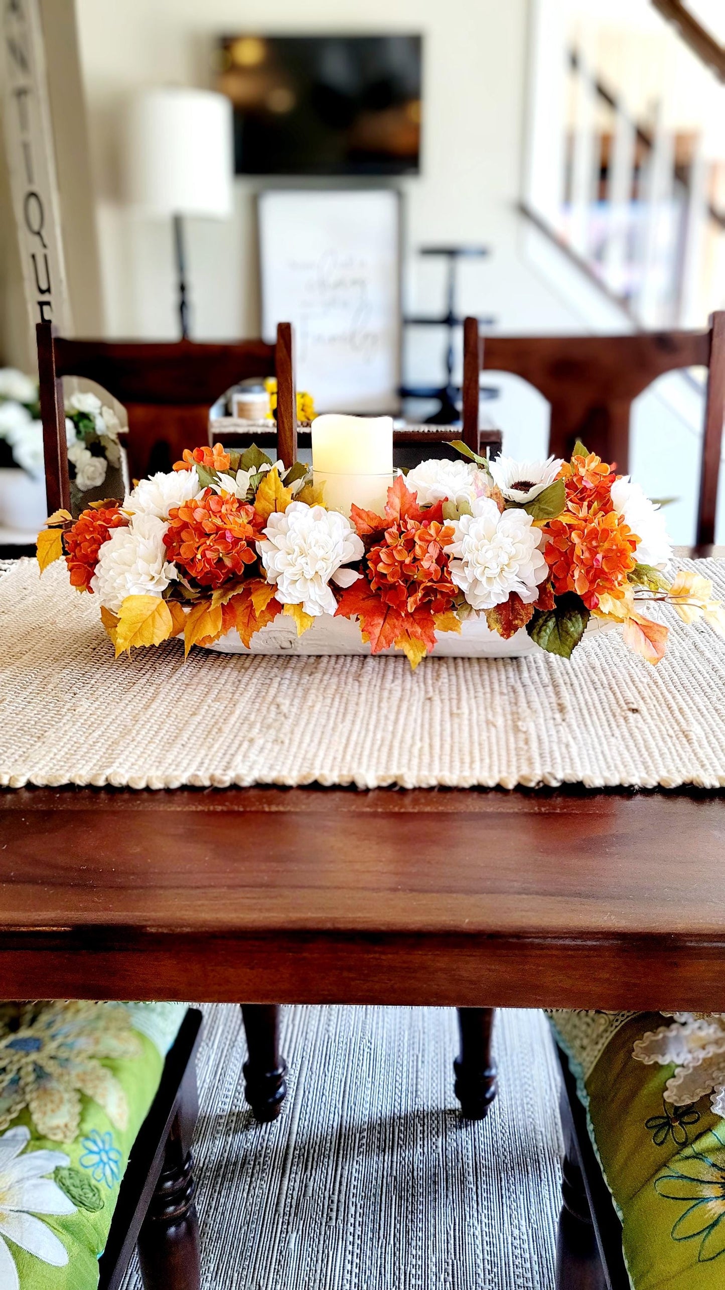 Farmhouse fall Centerpiece Fall dining table arrangement fall candle arrangement gift new home floral gift fall entry decor dough bowl fall
