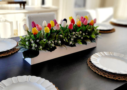 Farmhouse Tulip Centerpiece – Realistic Spring Flowers in Wooden Box