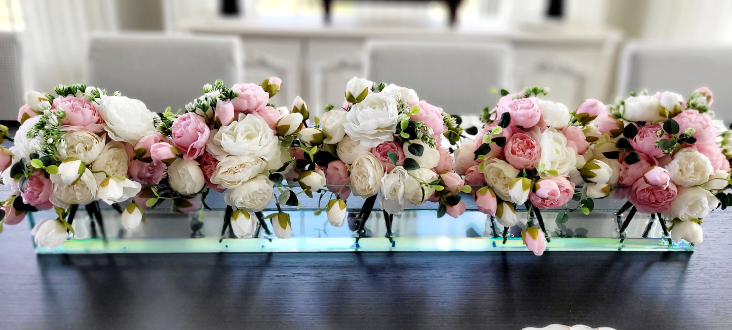 Silk Flower Centerpiece – Real Touch Roses & Peonies in Rectangular Glass Vase