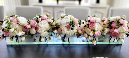Silk Flower Centerpiece – Real Touch Roses & Peonies in Rectangular Glass Vase
