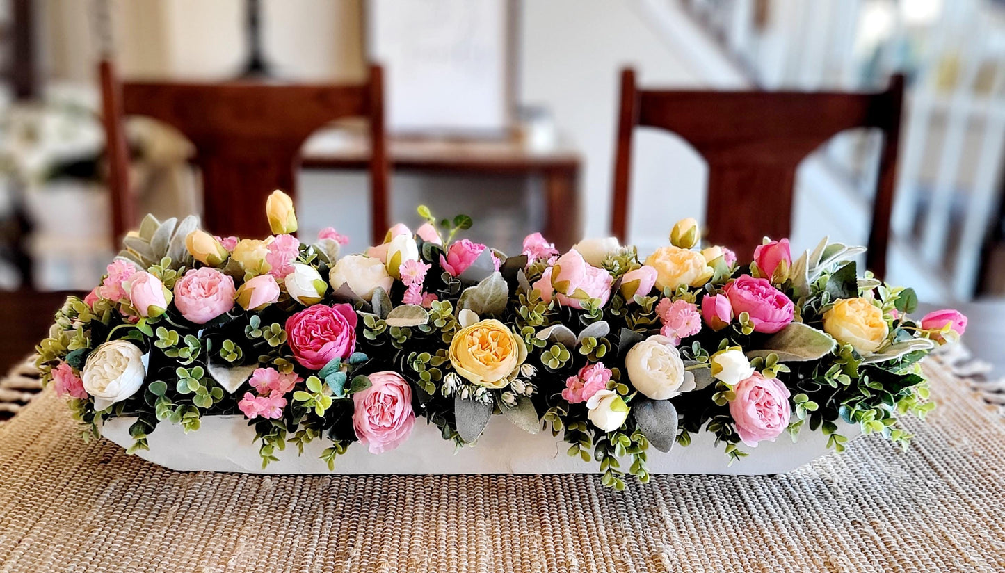 Dough Bowl Centerpiece – Silk Peony Floral Arrangement for Farmhouse Mantle Decor