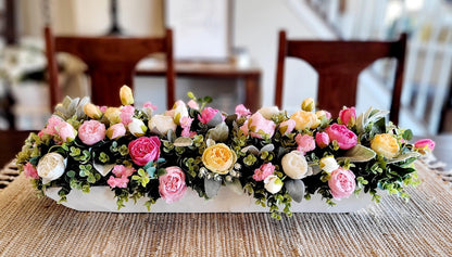 Dough Bowl Centerpiece – Silk Peony Floral Arrangement for Farmhouse Mantle Decor