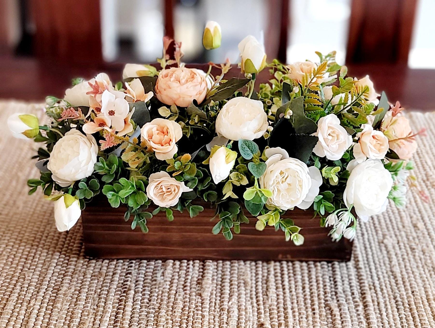 Dining Table Centerpiece Wooden Box Container Artificial Flower Arrangement Farmhouse Style Decoration Custom Built Design Faux Floral Collection Country Home Aesthetic Vintage Inspired Decor Elegant Table Setting Beautiful Room Accent