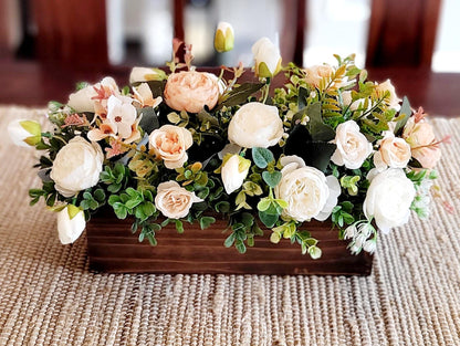 Dining Table Centerpiece Wooden Box Container Artificial Flower Arrangement Farmhouse Style Decoration Custom Built Design Faux Floral Collection Country Home Aesthetic Vintage Inspired Decor Elegant Table Setting Beautiful Room Accent