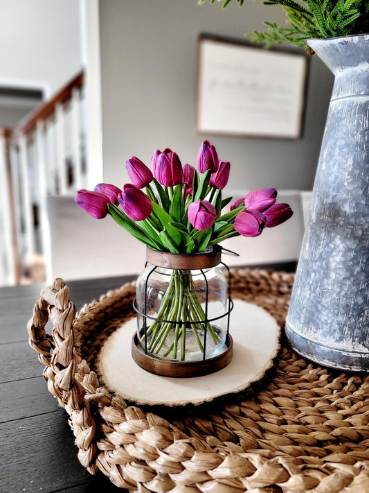 Tulip Table Centerpiece Spring Dining Decoration Easter Table Display Farmhouse Lantern Design Silk Faux Flowers Artificial Greenery Glass Vase Realistic Blooms Seasonal Colors Dining Room Accent Holiday Celebration Decor Fresh Vibrant