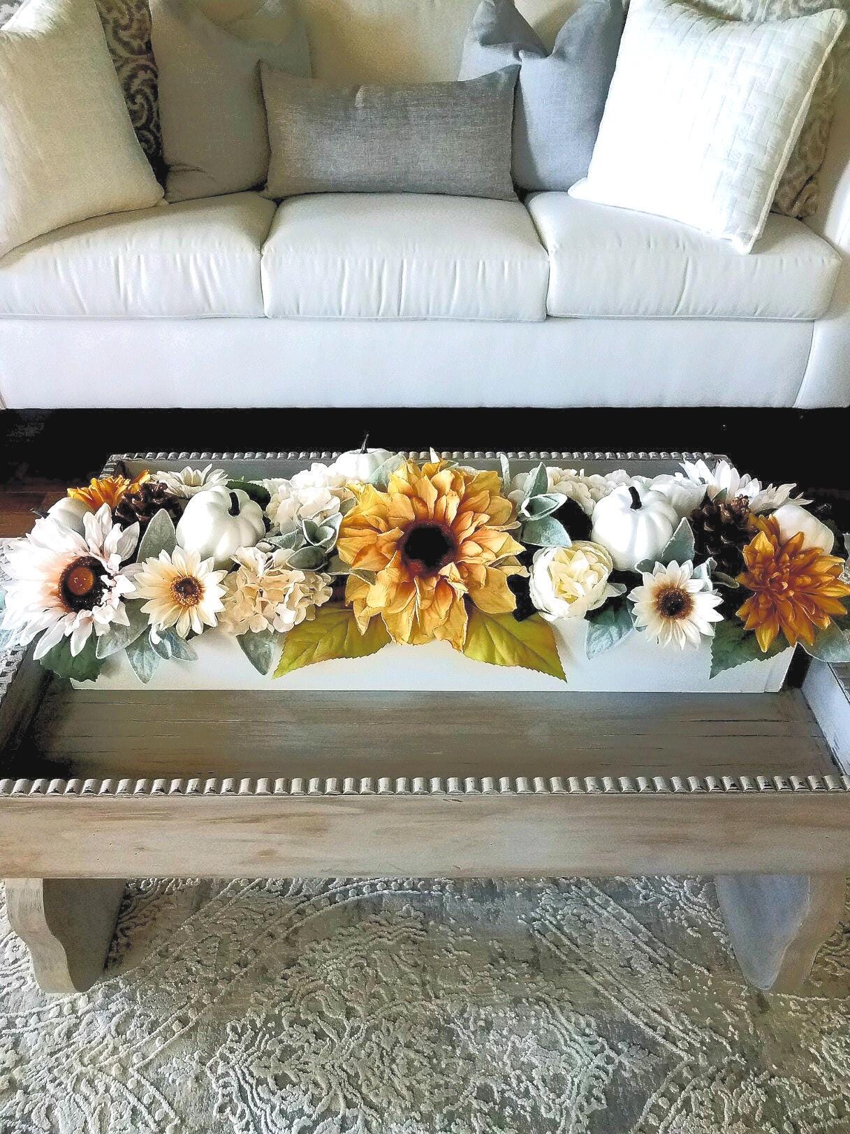 Fall Dining Table Arrangement Fall Flower Arrangement Sunflower Arrangement Mantle Fall Decor Long box arrangement Neutral fall decoration